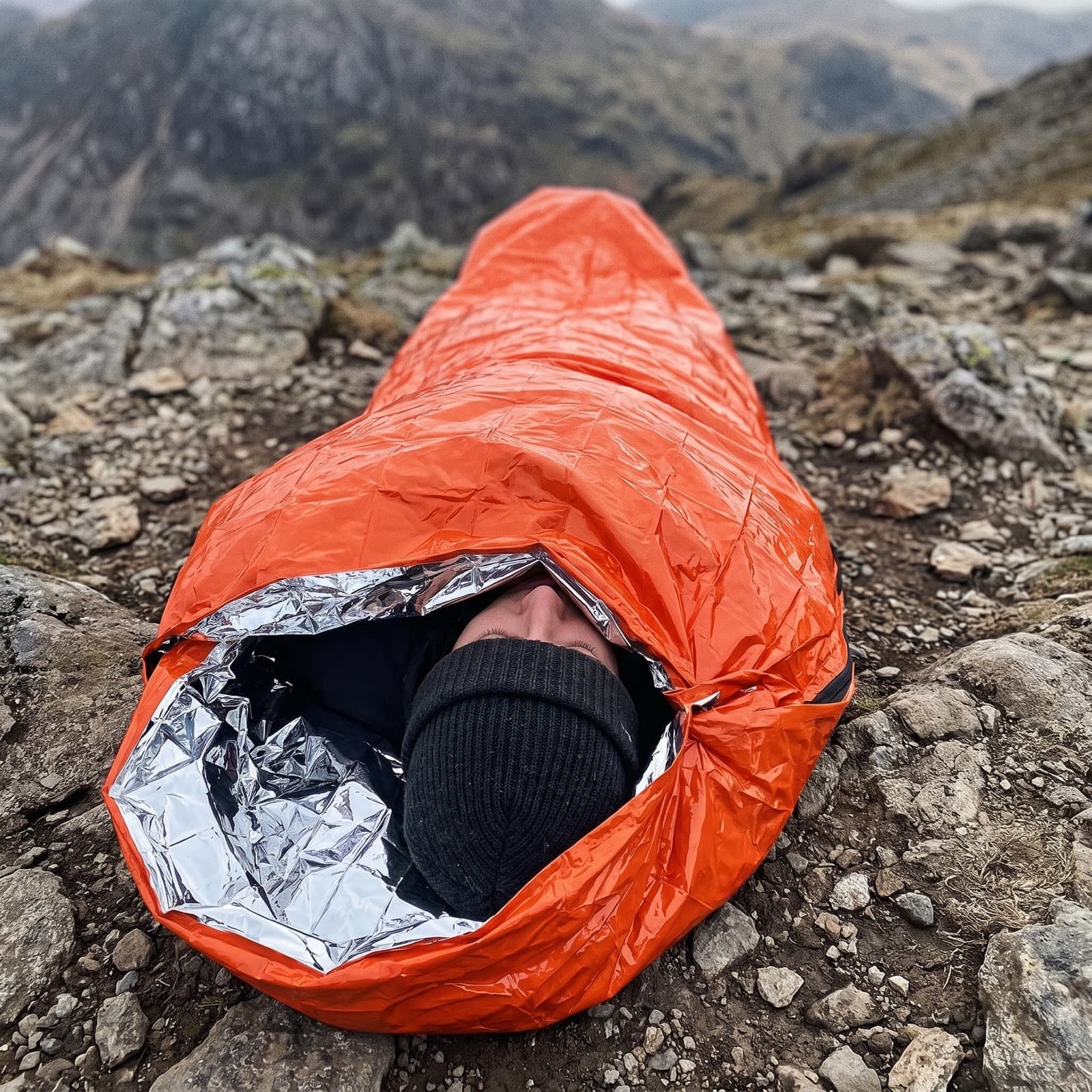 A hiker zipped inside the emergency sleeping bag on a rocky ridge