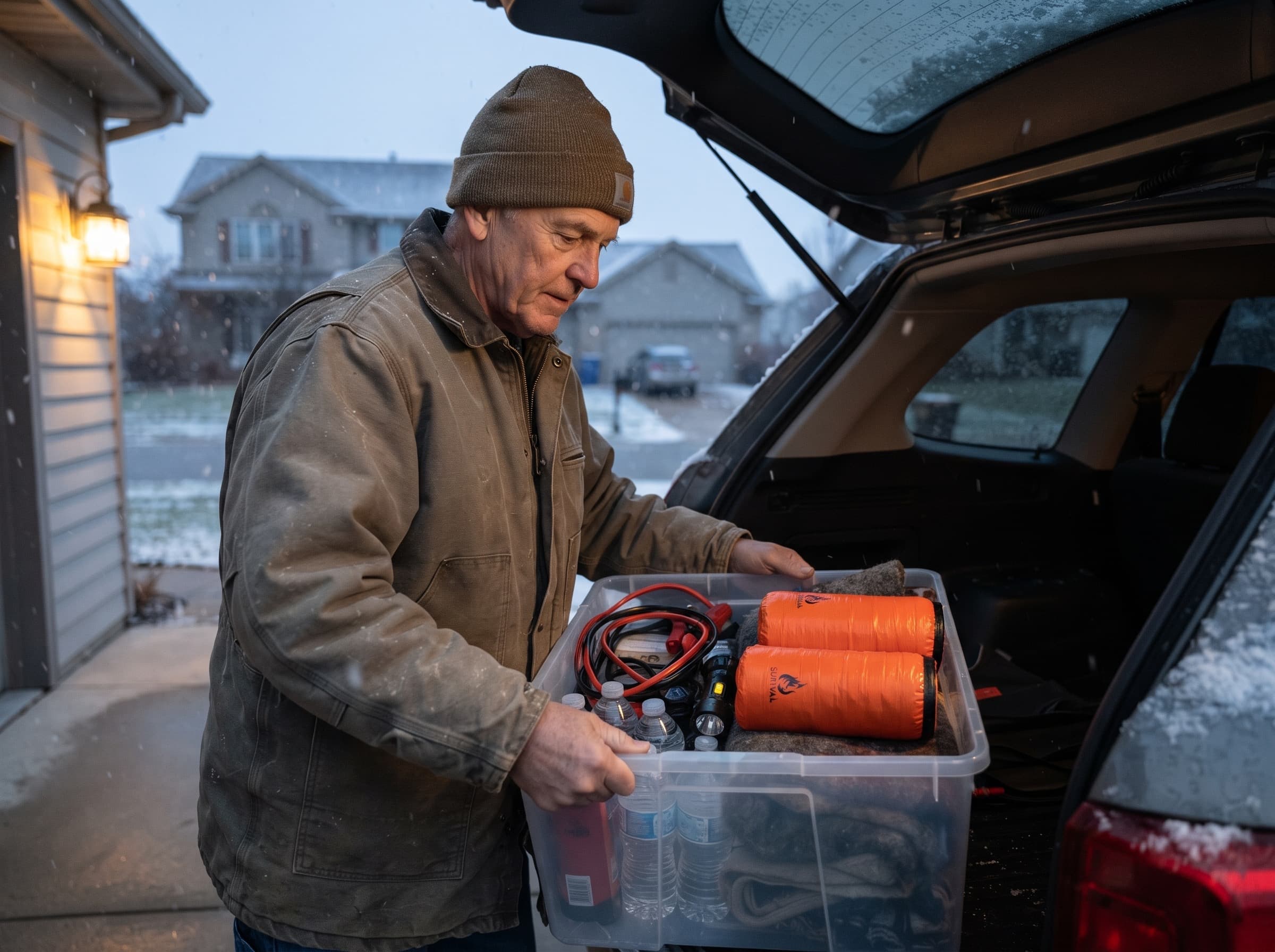 A man loading a winter emergency kit with two emergency sleeping bags into an SUV in light snow