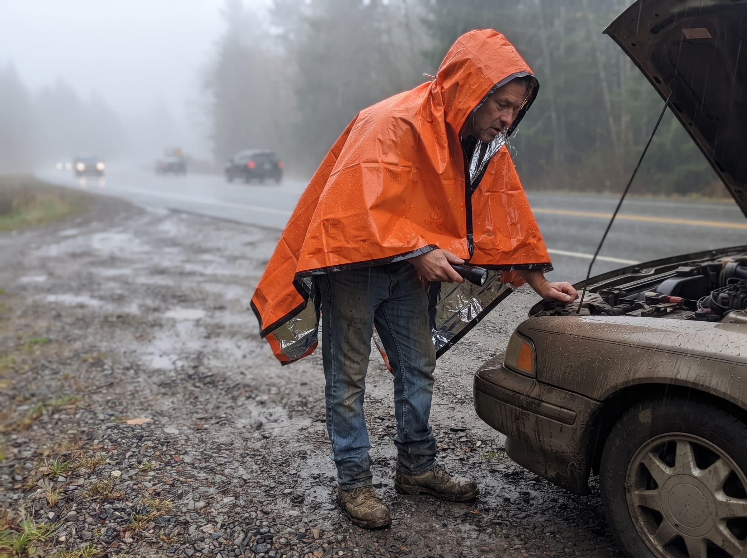 A man at a roadside in blowing rain with the emergency sleeping bag pulled over his shoulders like a poncho