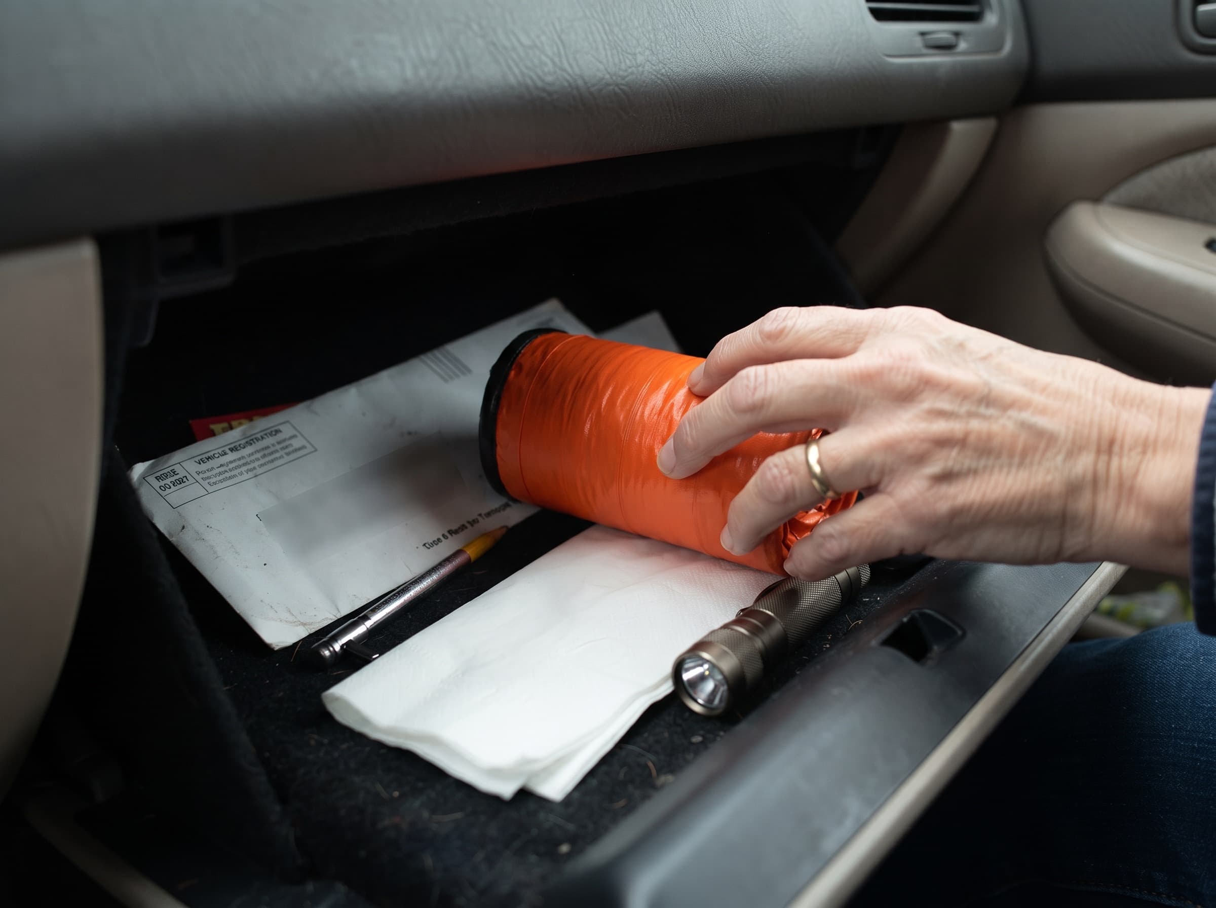The rolled emergency sleeping bag pouch inside an open car glovebox