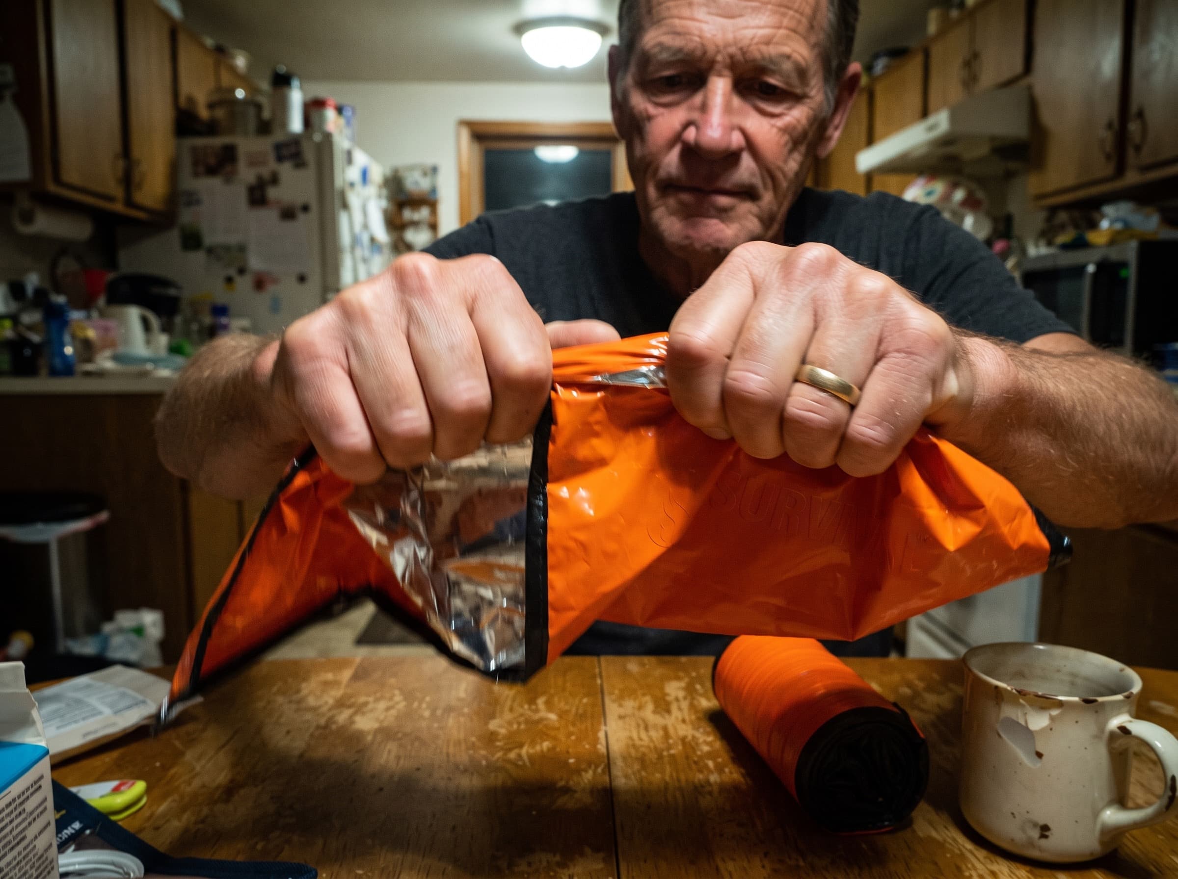 Hands folding the emergency sleeping bag back into a flat rectangle on a kitchen table