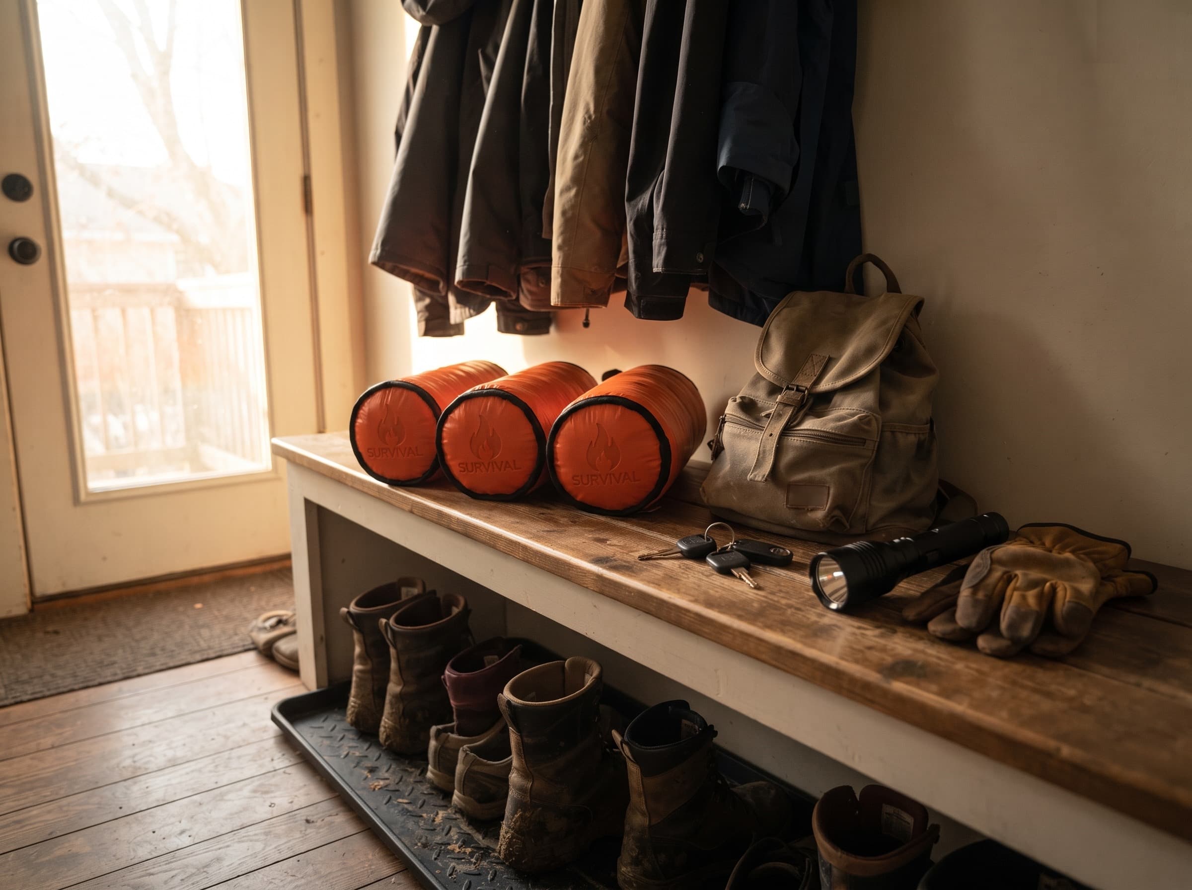 Three rolled emergency sleeping bag pouches lined up on a mudroom bench with car keys and a flashlight