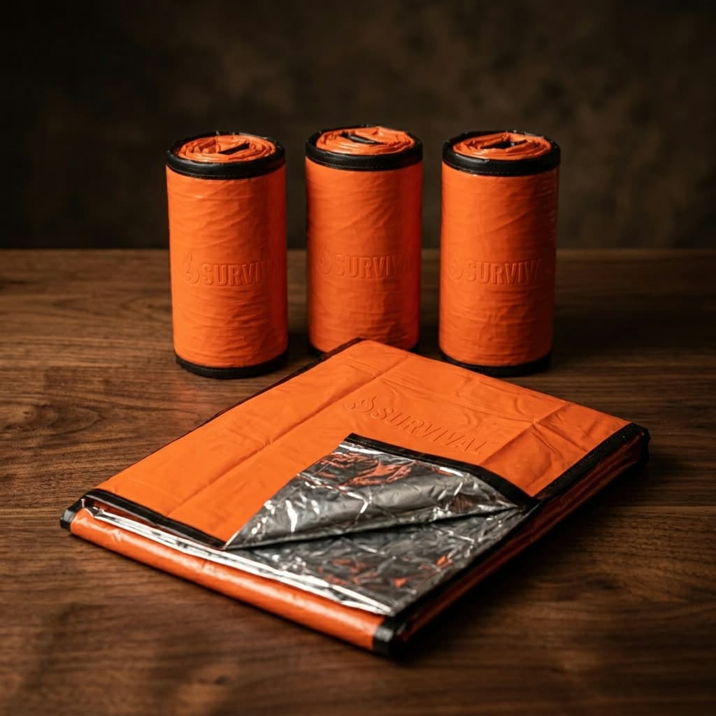 Three rolled emergency sleeping bag pouches and one folded bag on a dark table