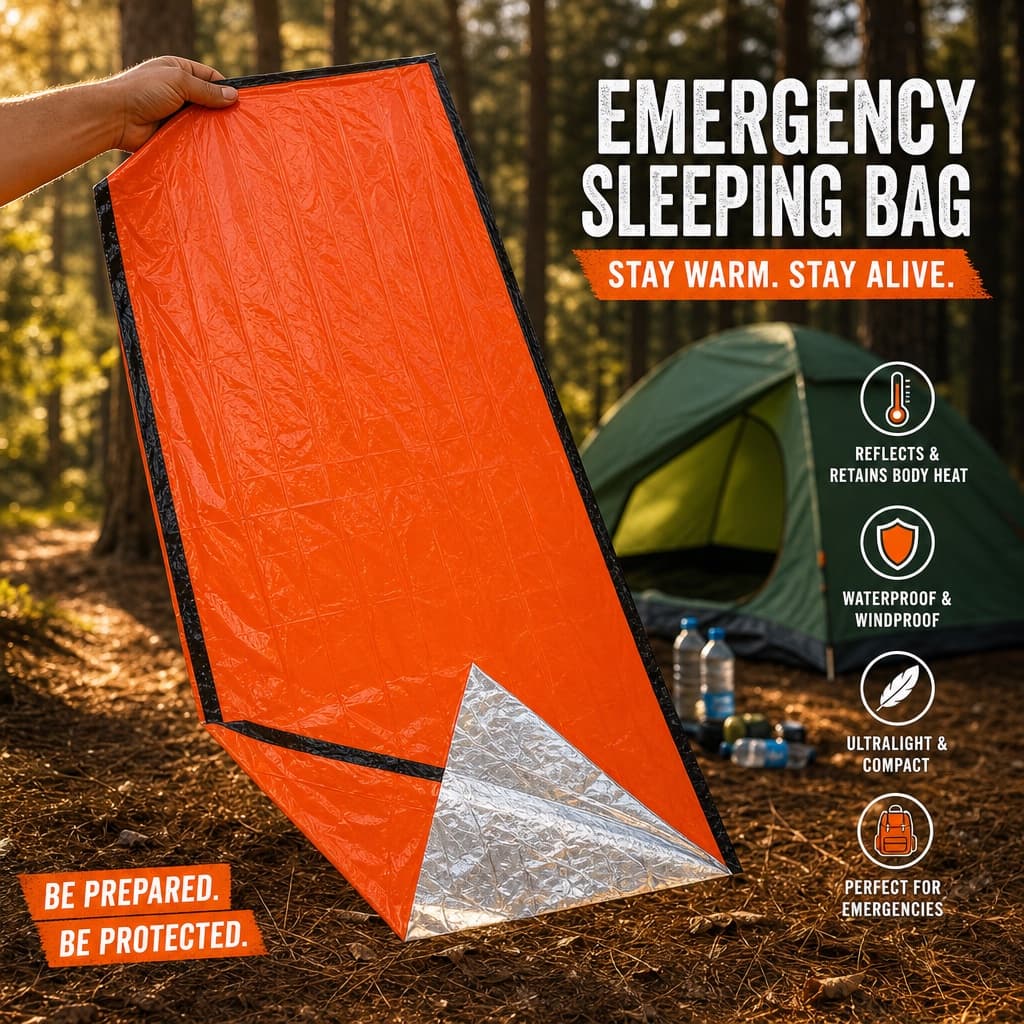 Emergency Sleeping Bag: stay warm, stay alive. Reflects body heat, waterproof and windproof, ultralight and compact.